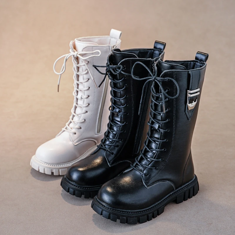 Botas elegantes con cremallera para niña, botas informales a la moda para otoño/invierno, punta redonda, suela gruesa cálida, botas cómodas con entresuela de encaje para niño