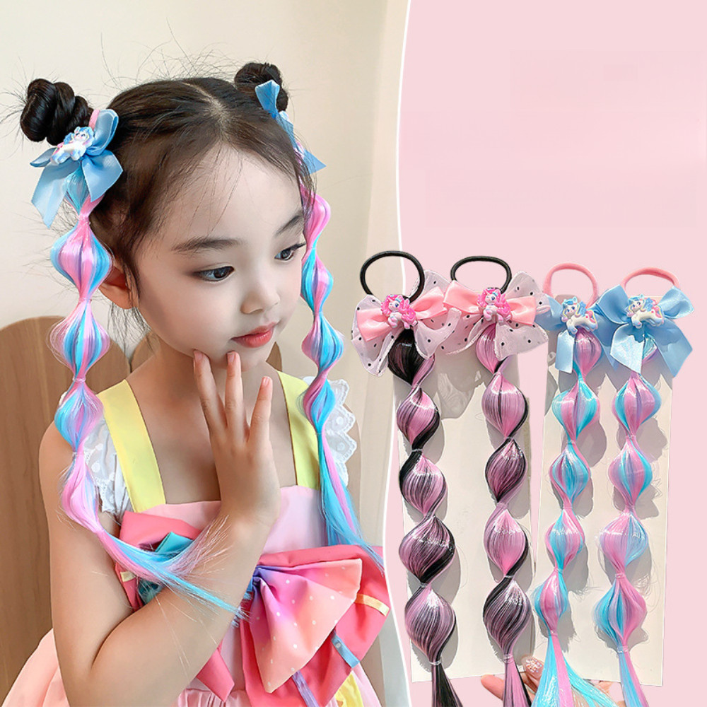 40cm pequeno pônei gradiente colorido bolha tranças peruca crianças menina bowknot fita corda de cabelo extensão do cabelo