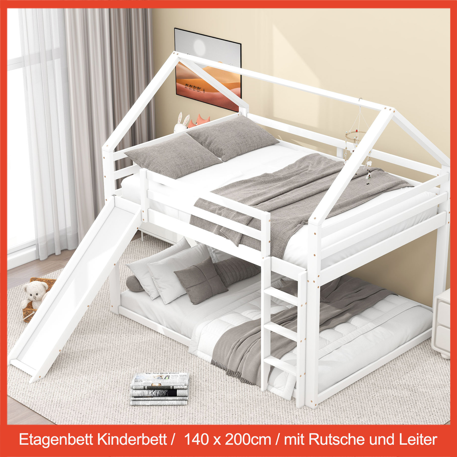 Etagenbett für Kinder, Hausbett mit Rutsche und Leiter, Doppelbett mit Absturzsicherung und Lattenrost, 140 x 200 cm, ohne Matratze ﻿