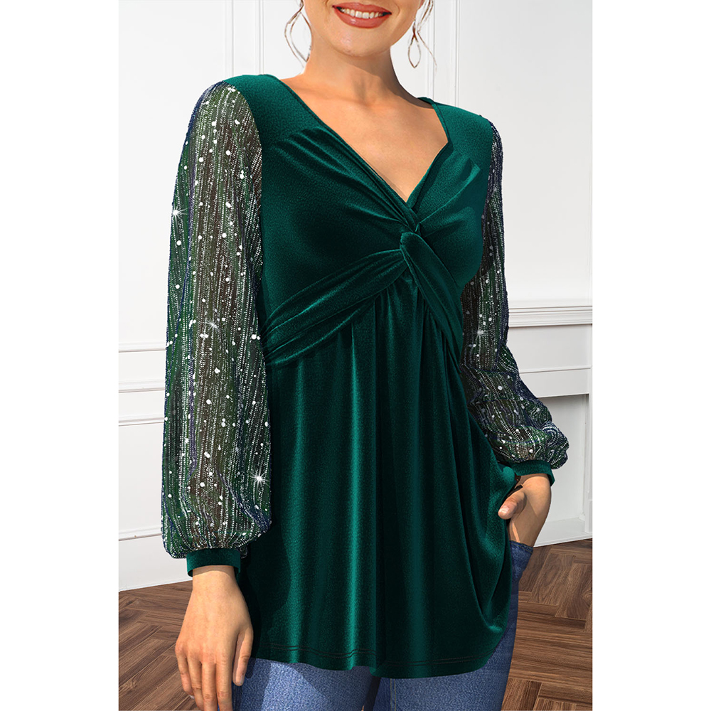 Plus size roxo brilhante glitter tecido torção nó lanterna manga elástica manguito túnica com decote em v blusa de natal e camisas para mulher