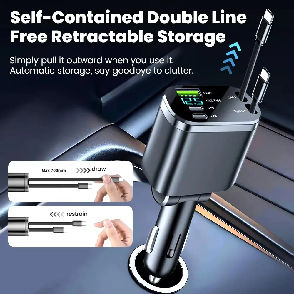 NEW Upgraded Retractable Car Charger 5 in 1, 69W Fast Charging PD30W+2.4A Voltage Display Dual Cables for iPhone & Android
