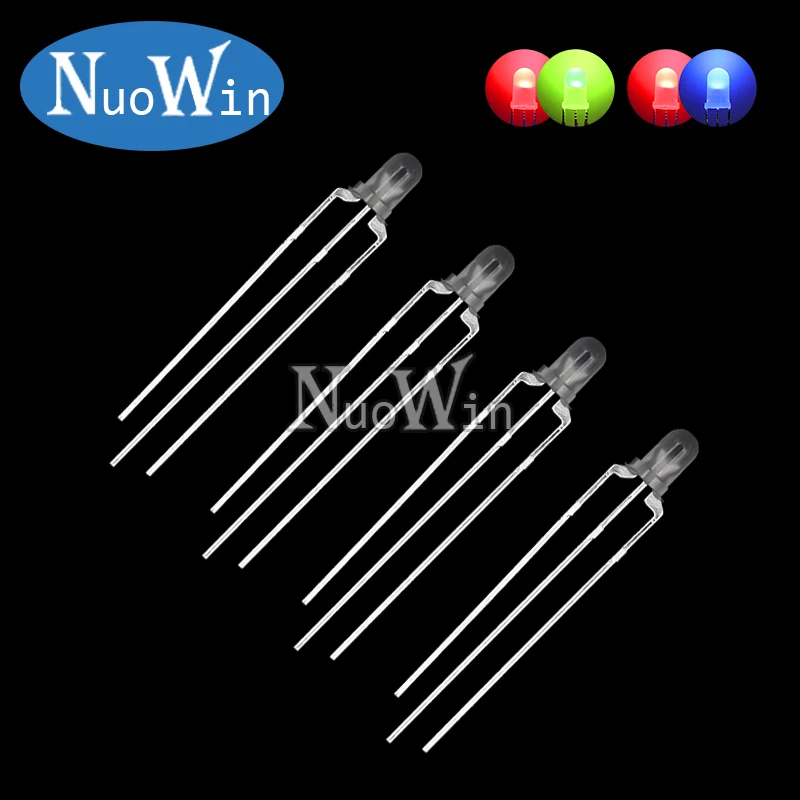 Bộ 50 F3 3MM Vòng Clear/Sương Mù Hai Màu Anode Chung/Cực Âm LED Hồng & Xanh Đỏ & Xanh Dương Bi-Màu Sắc 3 Chân Đèn LED Phát Sáng