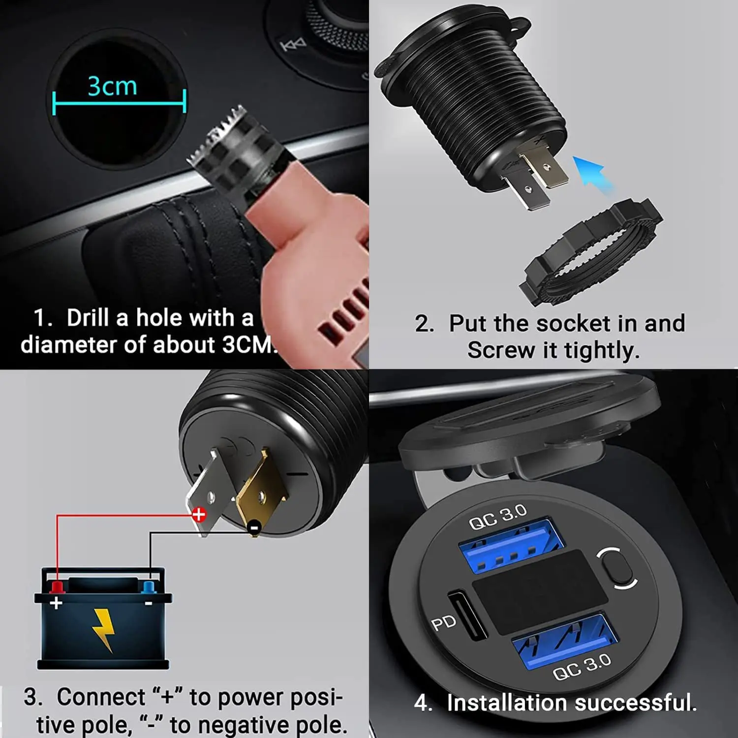12V USB Adapter Car Fast Charging Charger Socket Dual QC3.0 PD Type C Power Outlet Car Accessories with Switch for Auto RV Truck