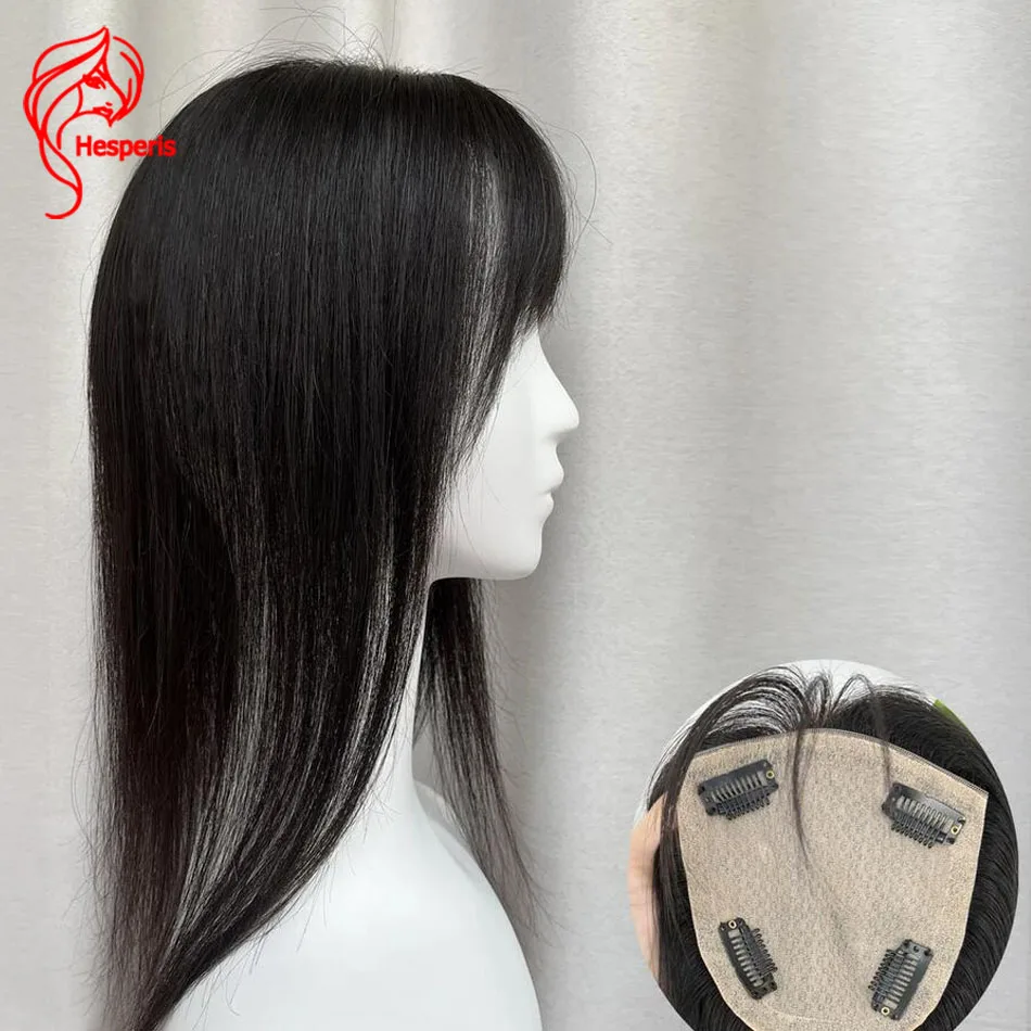 Hesperis Natural Cabelo Humano Topper com Franja Francesa, Cabelo Real Clip-in Topper para Volume e Cobertura Cinza, 5x6"