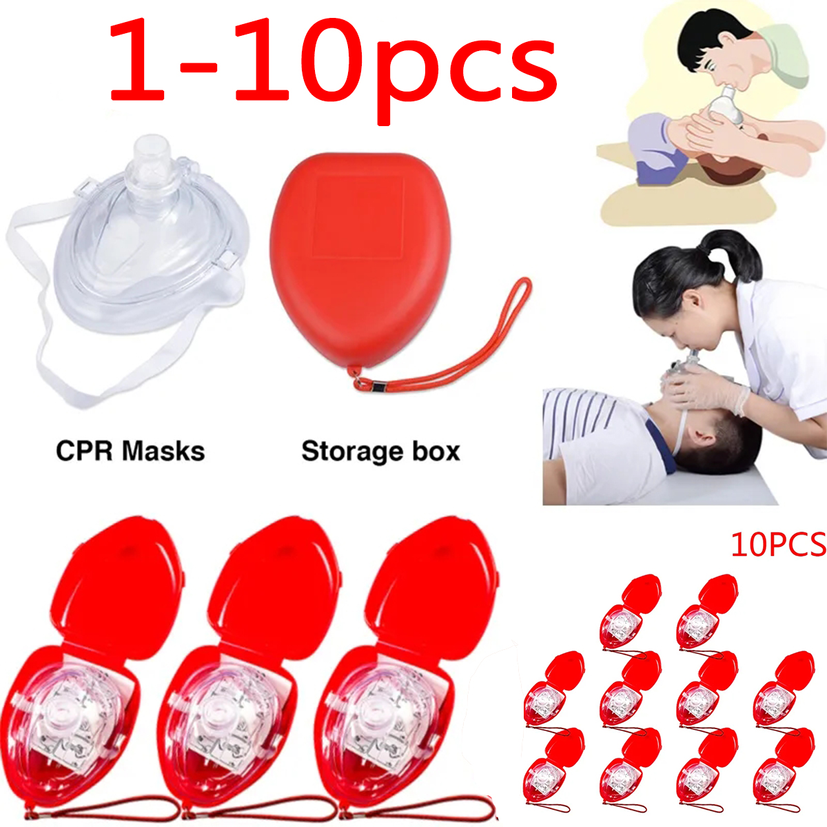 1 pces-10 pces profissional primeiros socorros cpr máscara de respiração proteger resgatores respiração artificial reutilizável com ferramentas de válvula unidirecional