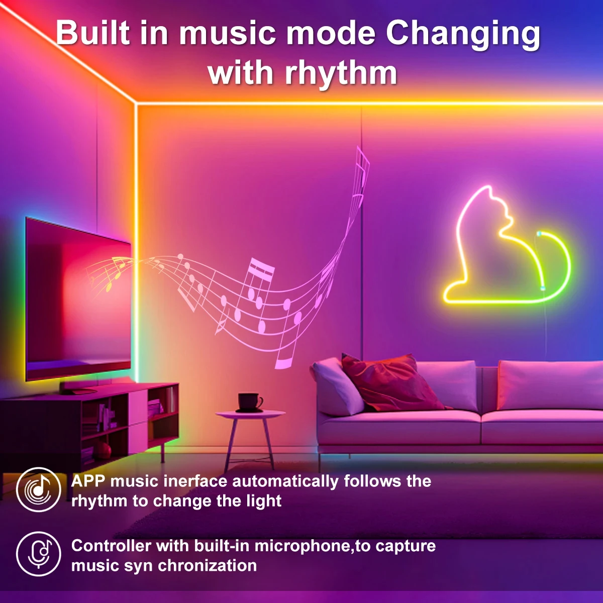 Tira de luz de neón LED con atenuación Rgb, aplicación remota Flexible e impermeable, Control modo Dual, micrófono incorporado para Control de voz