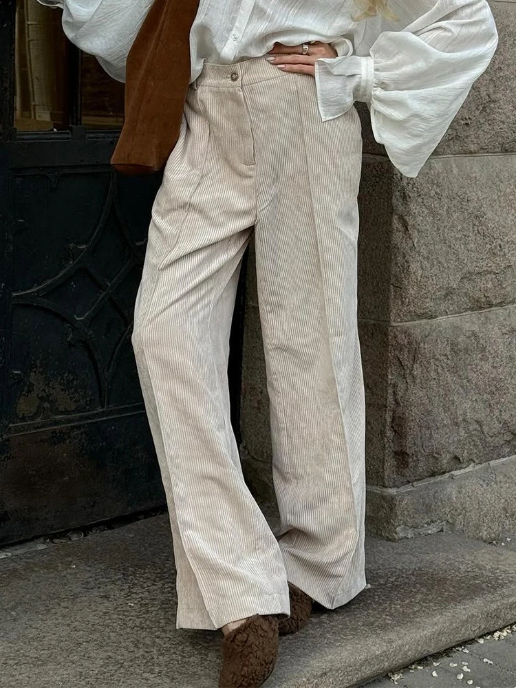 Bornladies Baumwolle Damen Neue Retro-Hose mit weitem Bein, lockere Passform, Cord, hohe Taille, trendige Herbst-Winter-Modehose