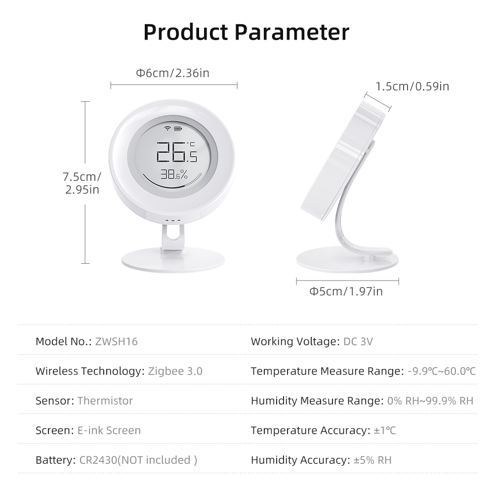 MIUCDA Tuya Zigbee Sensor inteligente de temperatura y humedad, versión de batería de baja potencia Pantalla de tinta electrónica funciona con Alexa Google Home