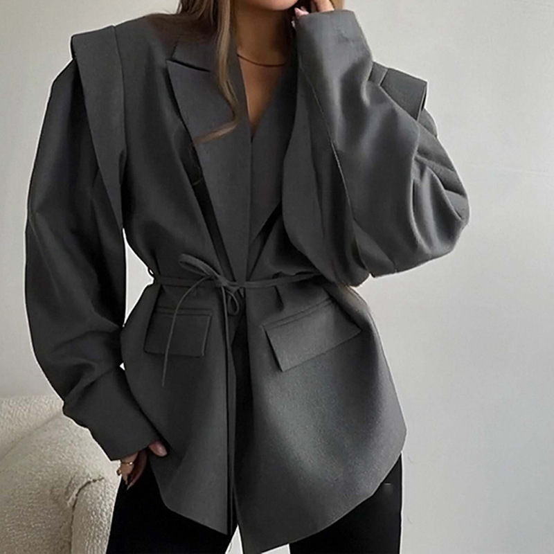 Zekye blazer feminino com estilo high-end 2025 primavera outono europeu elegante commuter look com cinto de gravata ombros acolchoados