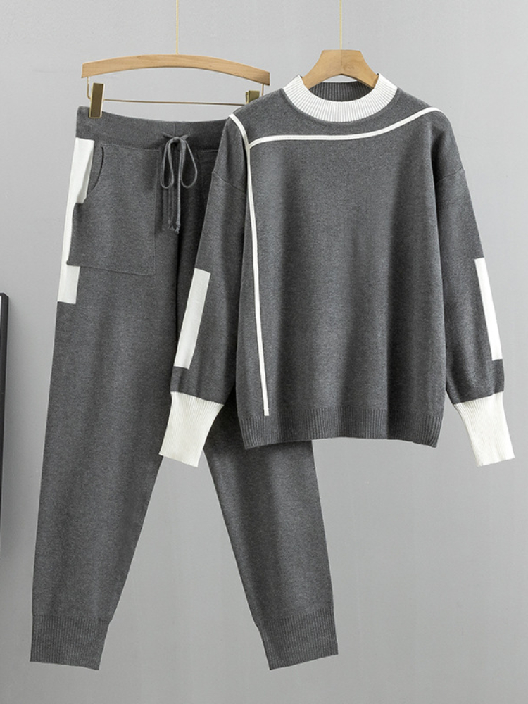 Inverno feminino de malha 2 peças conjunto muçulmano casual engrossar pulôver camisola + calça de malha 2 pçs ternos roupa esporte conjunto quente 2024