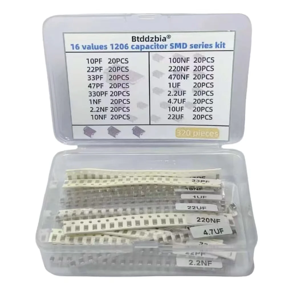 Kit de condensadores SMD 1206 de 320 piezas, 16 valores de 10pF a 22uF, varios bancos de condensadores para elementos de condensadores SMD industriales