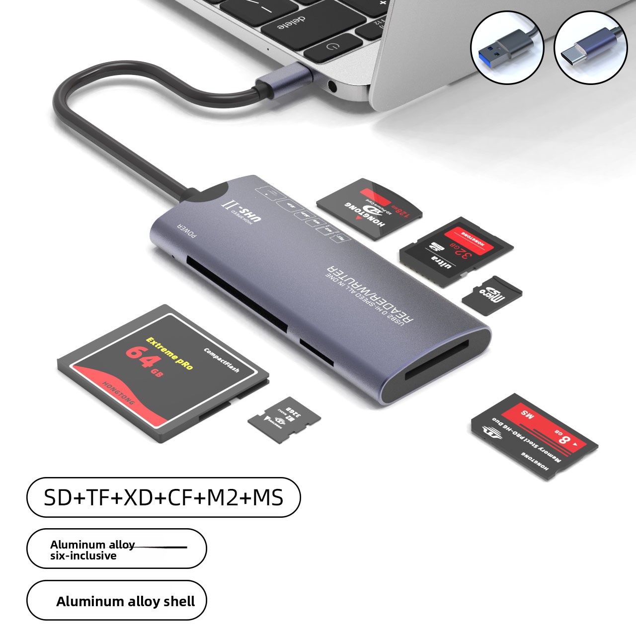 USB High-Speed Ms Multifunktionaler CF-Kartenleser, Sd-Aluminiumlegierung Tf-Computer Sechs-in-Eins-XD-Kartenleser