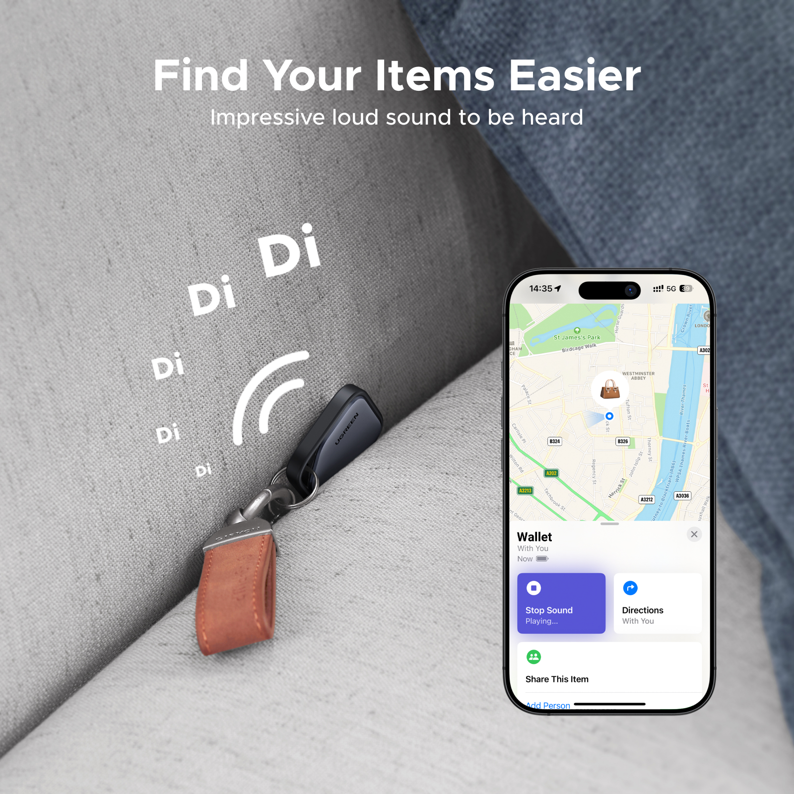 UGREEN Smart Bluetooth Tracker, Keys Finder Item Locator SmartTag Up to 1 Year Battery Phone Finder For Apple Find My (only IOS)