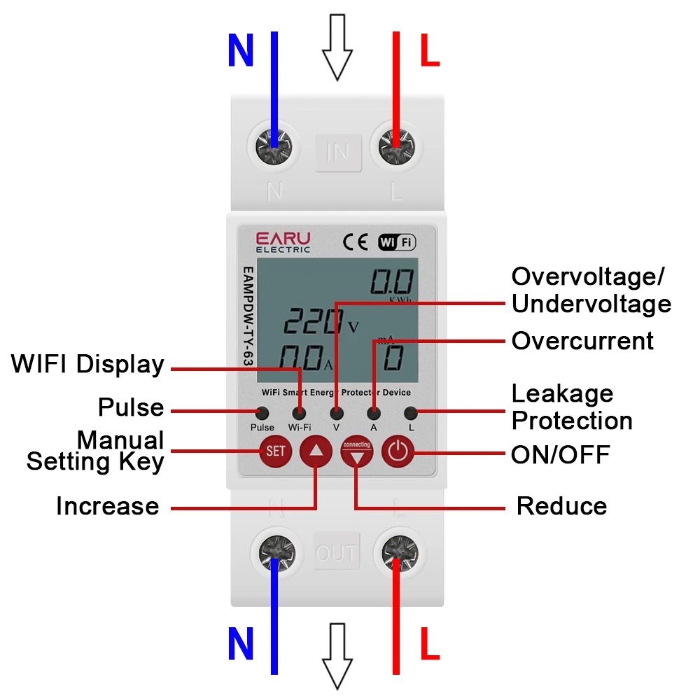 2P 63A TUYA WiFi Smart Perdite di Terra da Sovratensione Protezione Relè Dispositivo Interruttore Interruttore di Alimentazione Energetica kWh Meter Vita Intelligente