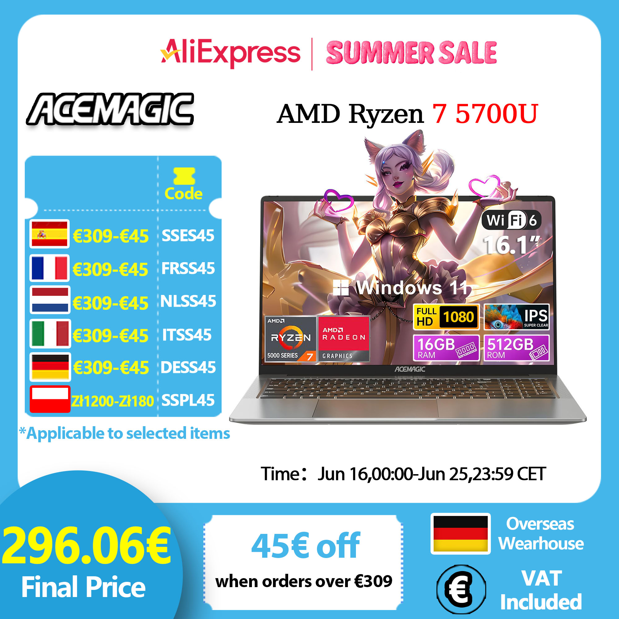 Ordinateur portable de jeu ACEMAGIC AMD Ryzen 7 5700U Clavier rétroéclairé RAM 16 Go SSD 512 Go Écran 16,1" Full HD 1920 x 1080