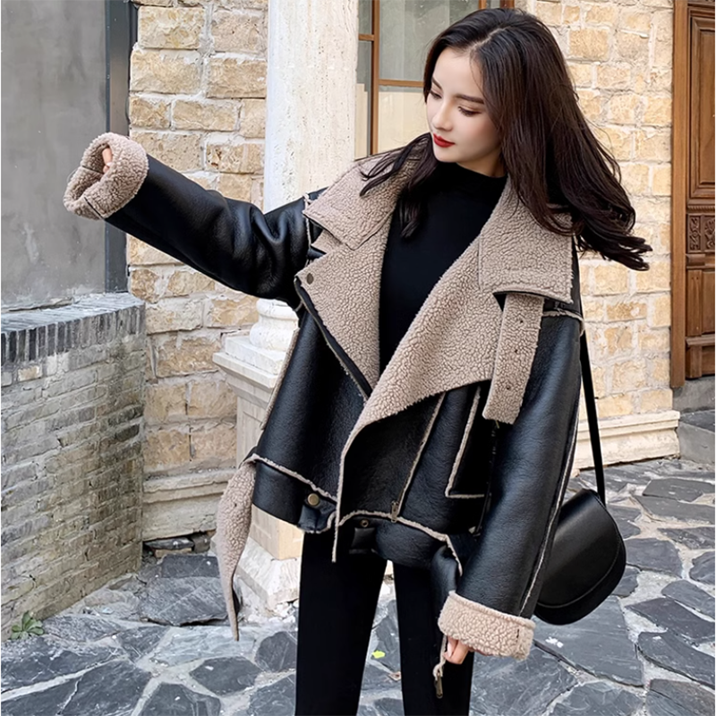 Vestes de moto en cuir Velvet Plus pour femmes, fourrure d'agneau One Short Overcoat, mode adt, épaissir, veste en cuir chaude, hiver