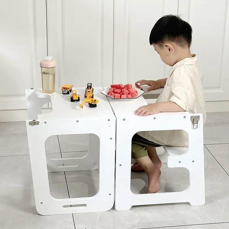 Kids Kitchen Step Stool With Safety Rail For Toddlers Wood Foldable Learning Tower With Blackboard