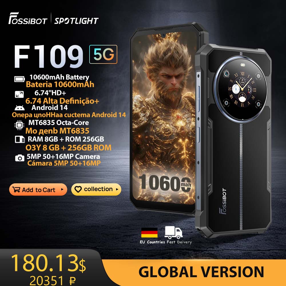頑丈なスマートフォン,5g,Android 14,FOSSIBOT-F109 mah,24GB RAM, 8GB 16GB,10600 GB ROM,NFC,Face ID携帯電話,ワールドプレミア,256