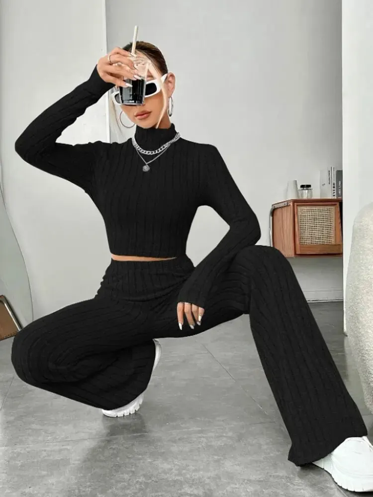 Vrouwen Mode Effen Kleur Streetwear Herfst Winter Elegante Ronde Hals Tops Losse Broek Pak Casual Vakantie Sport Tweedelige Sets