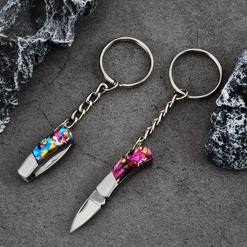 5cm Acrylic Mini Folding Knife Pendant Brass Wood Keychains Sharp Small Blade Portable Hanging Outdoor Camping Unboxing Knife