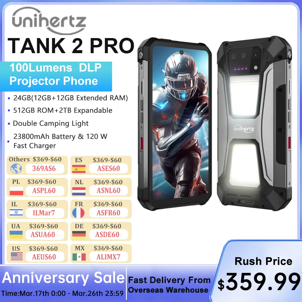 Unihertz tank 2 Pro 8849 smartphone resistente con proyector 2,4 K 23800 mAh 24GB + 512GB teléfono móvil Android 14 100MP NFC teléfono celular