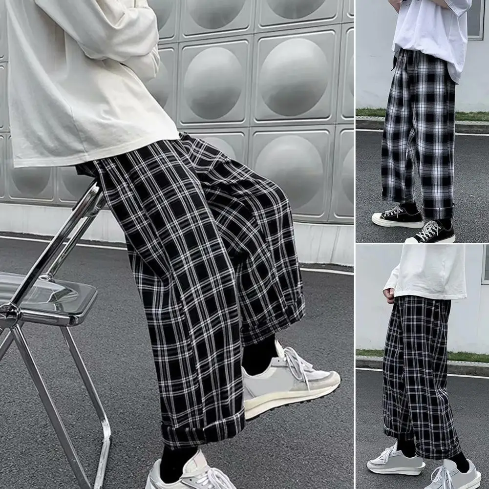 Herbst Männer Hosen Plaid Streetwear Breite Bein Elastische Taille Lose Sport Hosen Hosen Karierten Breite Bein Hosen für Reisen