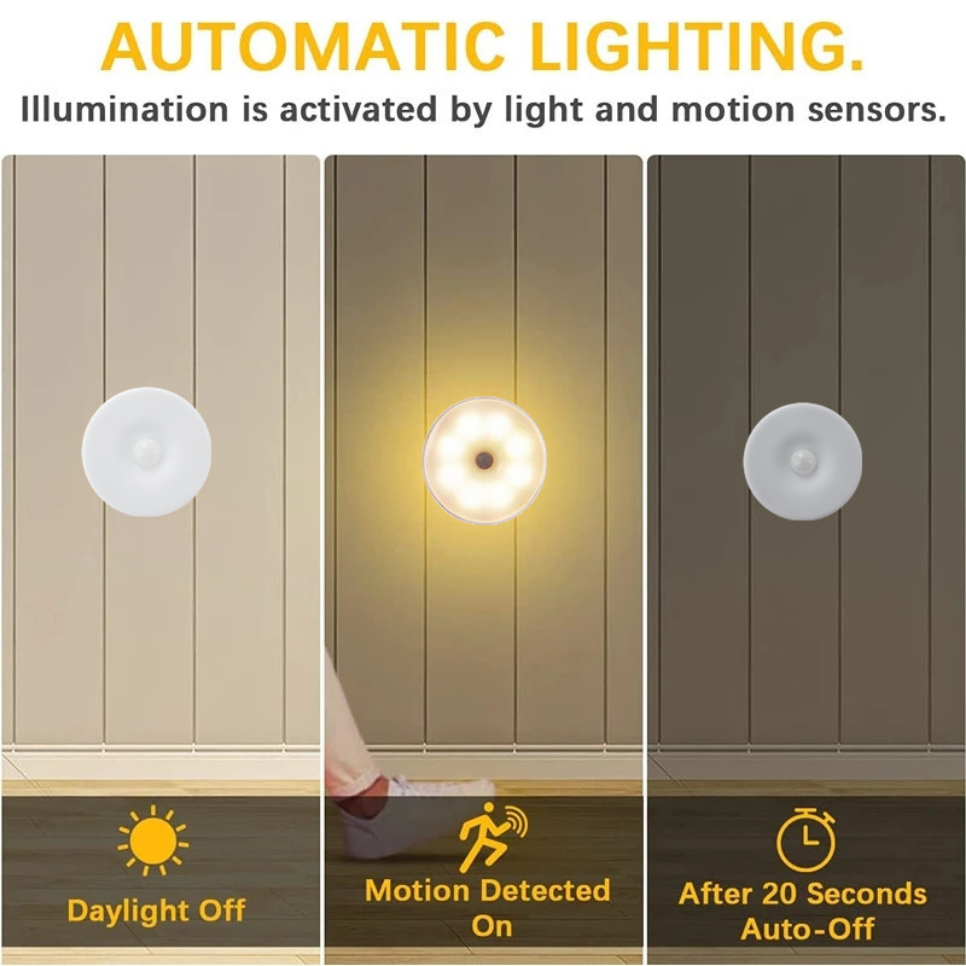 Luz con Sensor de movimiento PIR, luz nocturna inalámbrica debajo del gabinete, lámpara de armario, lámpara con detección de movimiento montada en la pared inteligente, decoración del hogar
