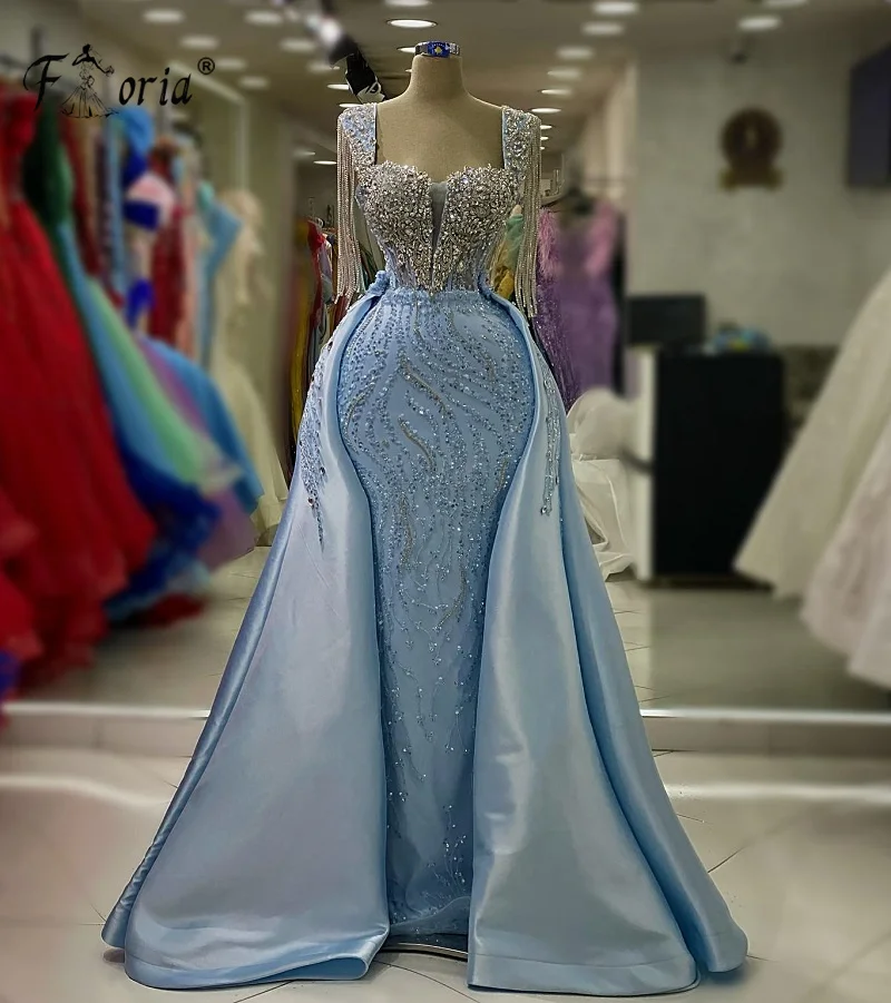 Elegantes Meerjungfrau-Abendkleid mit Perlen und abnehmbarem Überrock, blaue Kristallquaste, Fransen, Dubai-Abschlussballkleid, Robe De Soiree