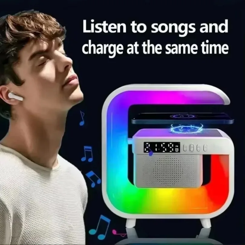 Multifunctional Atmosphere RGB Desk Clock Nightlight Wireless Charger Bluetooth Speakers for iPhone Samung Xiaomi Fast Charging