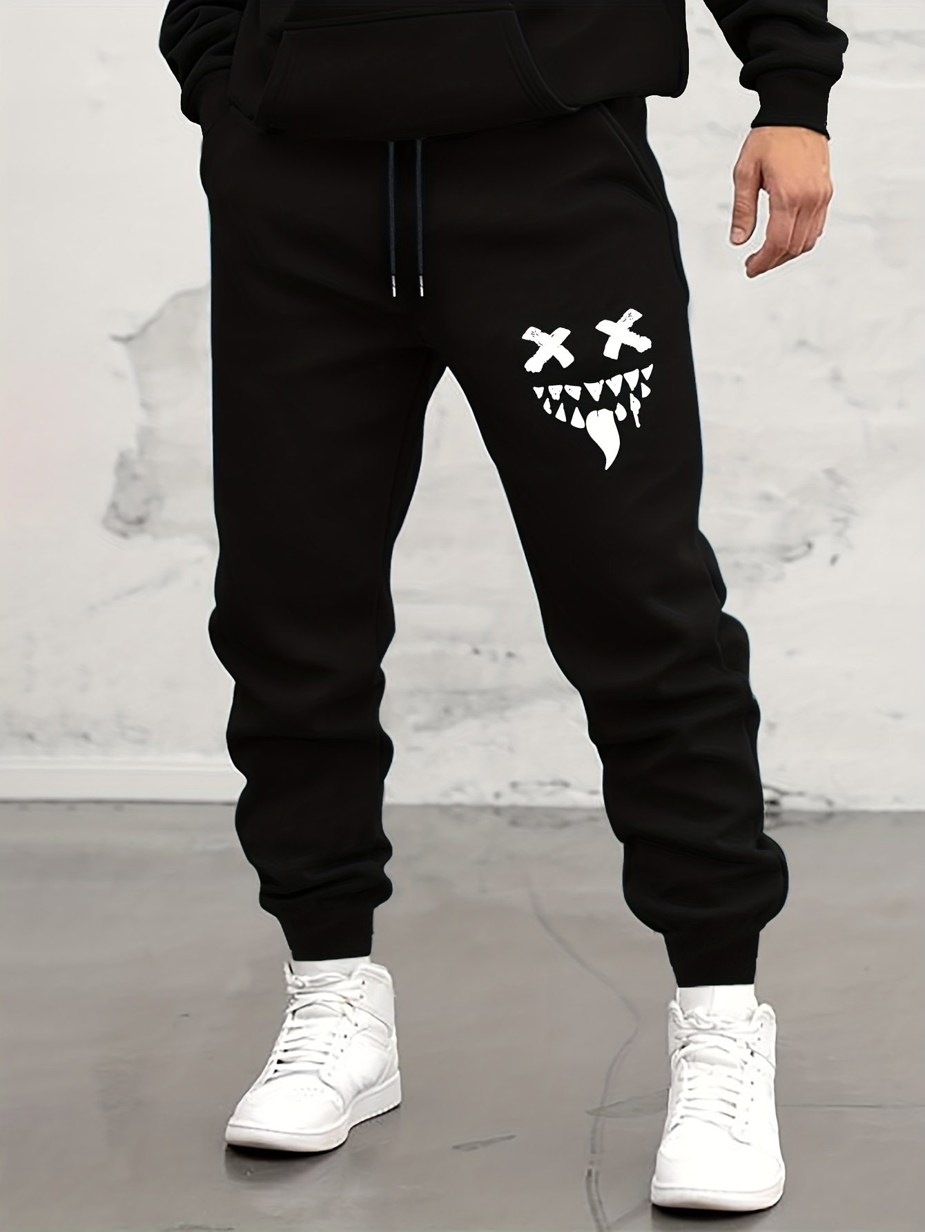 Outono/inverno moletom masculino monstro sorriso impresso rendas moletom masculino calças casuais para uso diário com calças de jogging S-3XL