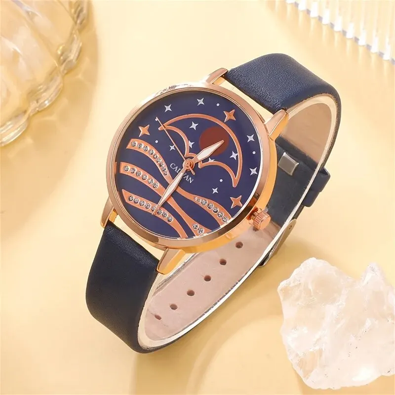 女性用クォーツ時計セット,女性用腕時計,moon dial,高級ブランド,デザイン,シンプル,女性用時計,ファッショナブル,5個