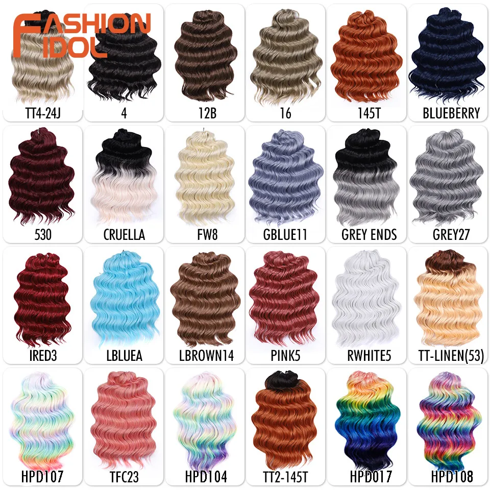 FASHION IDOL 16 Zoll 3 Stück tief gewelltes Twist-Häkelhaar, synthetisches lockiges Haar, Häkelzöpfe, Ombre-Regenbogen-Flechthaarverlängerung
