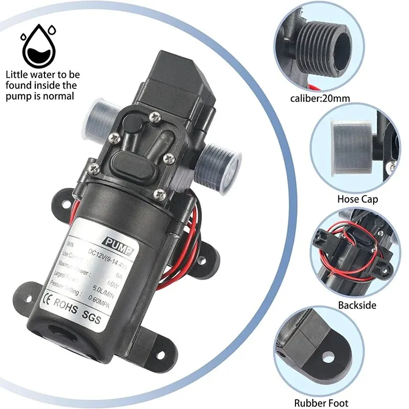 DC12V 120PSI ปั๊มน้ำไดอะแฟรมแรงดันสูง5lmin ปั๊มน้ำไฟฟ้าขนาดเล็กสีดำปั๊มน้ำรองพื้นตนเองเครื่องพ่นน้ำรถยนต์เป็น