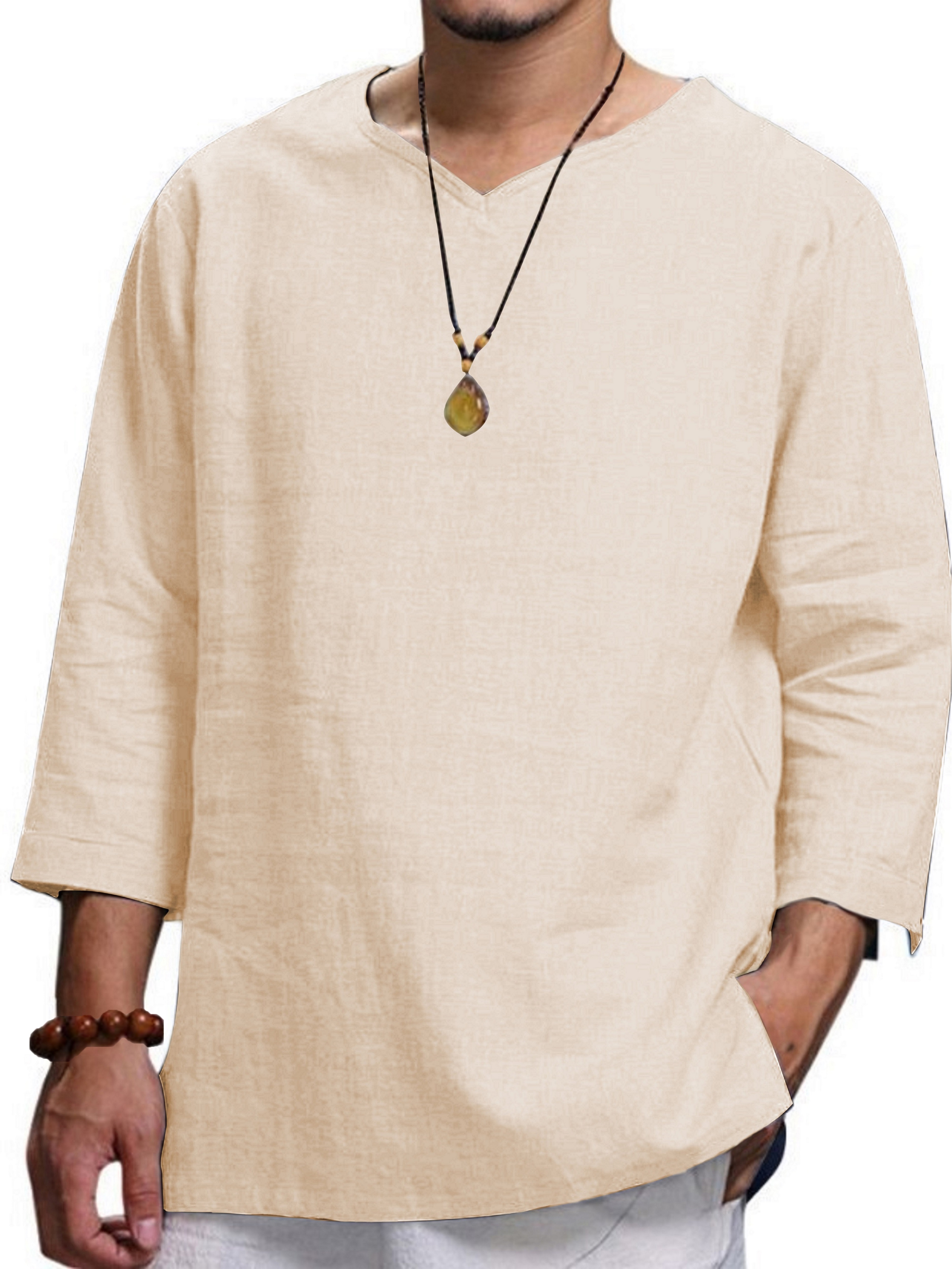 Einfarbiges Herren hemd aus reiner Baumwolle im Frühjahr und Herbst im Retro-Stil, lässiges Hemd mit 3/4 Ärmeln und V-Ausschnitt, vielseitiges Herren hemd