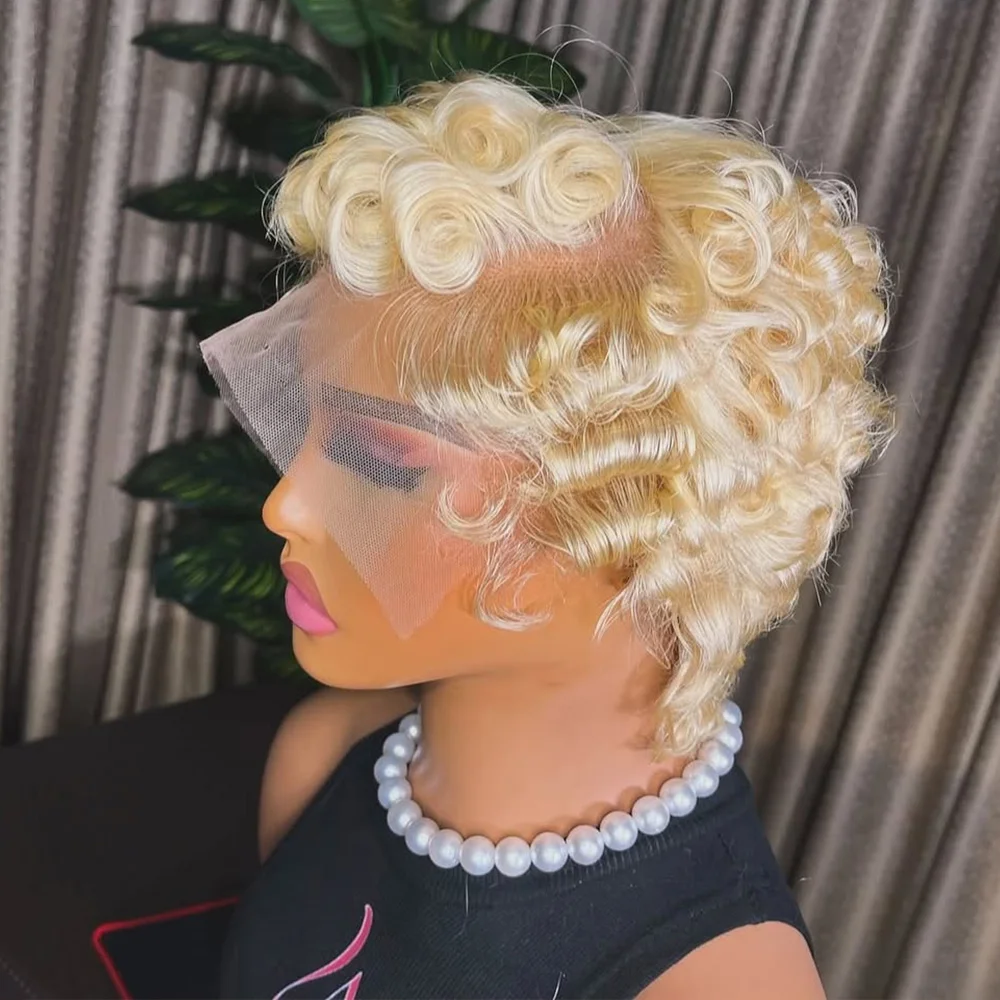 613 Blonde Pixie Cut Korte Bob Losse Golf Menselijk Haar Pruiken Chocoladebruin Korte Bob 13x4 Transparante Kant voor Pruiken Preplucked