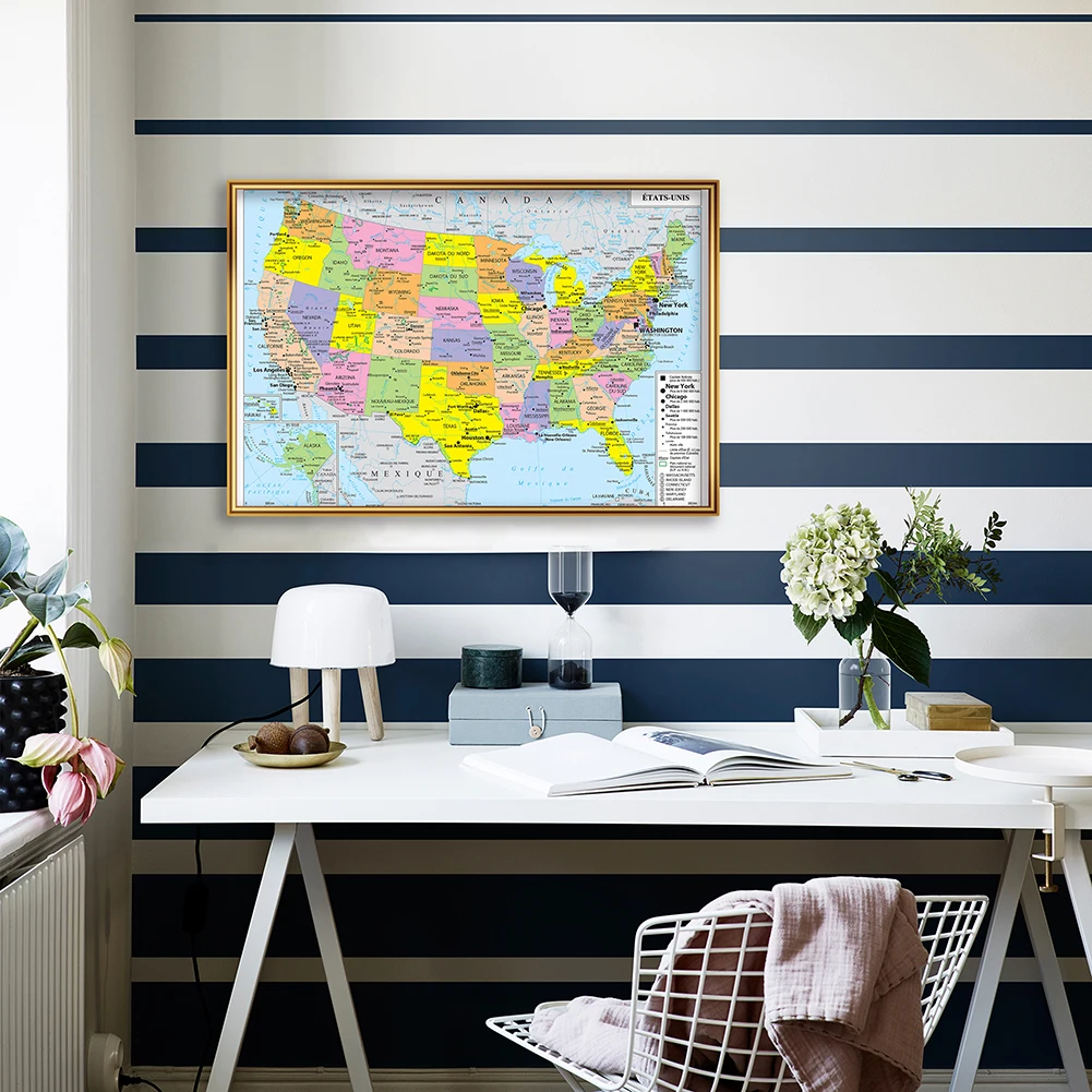 59*42Cm Hoa Kỳ Bản Đồ Chính Trị Với Chi Tiết Trong Tiếng Pháp Trang Treo Tường Tranh Canvas Đồ Dùng Học Tập trang Trí Nhà Cửa