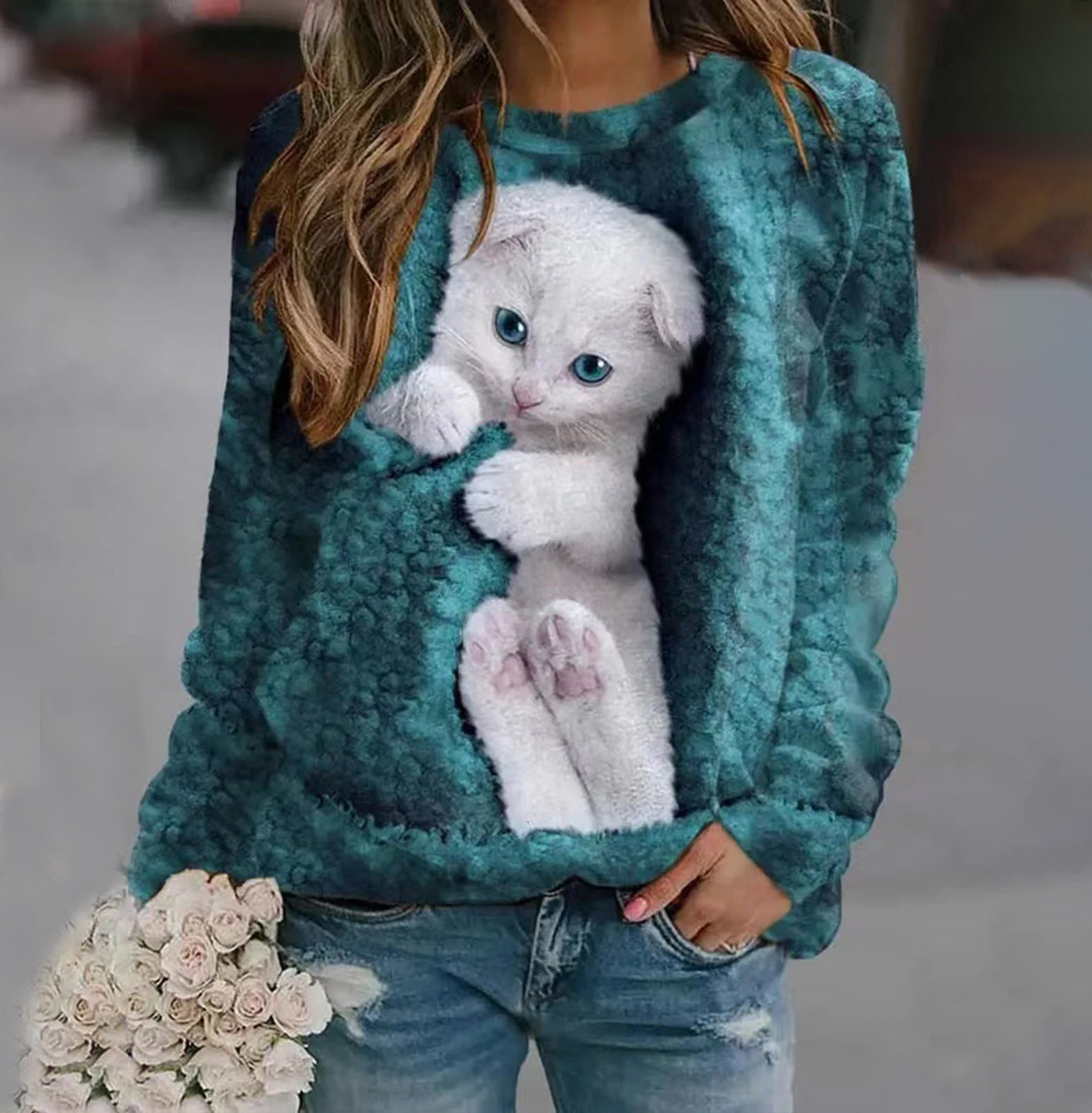 Moletom feminino pulôver gato rua casual branco esportes básico em torno do pescoço manga longa micro-elástico outono & inverno pull on topo