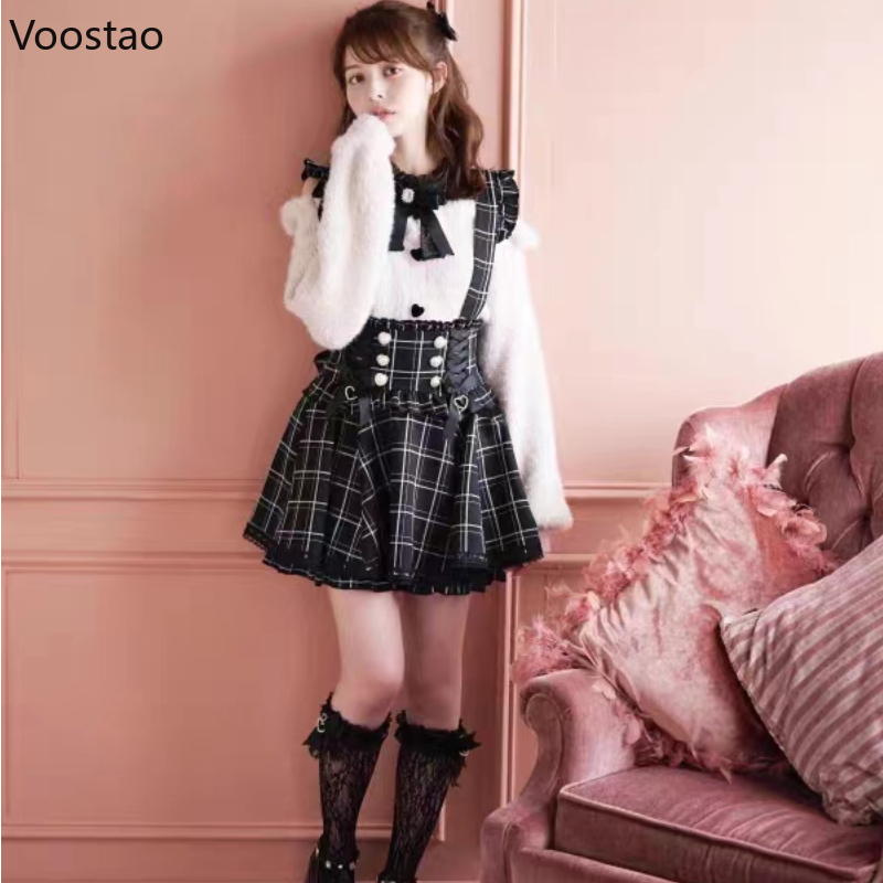 Japanse Gothic Lolita Strik Diamant Parel Gesp Afneembare Korte Jarretelrokje Meisjes Zoete Leuke Kant A-lijn Mini Rokken