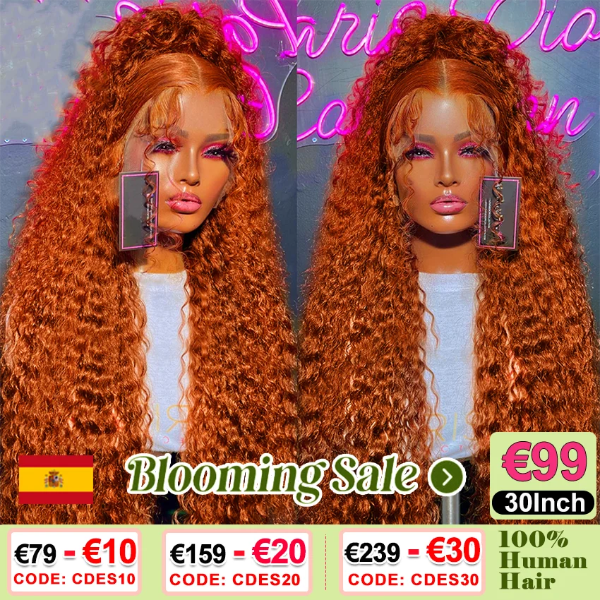 Swupod-peluca frontal de encaje HD transparente para mujer, cabello humano Remy de onda profunda, Color naranja jengibre, sin pegamento, 13x4, 13x6, 200 de densidad