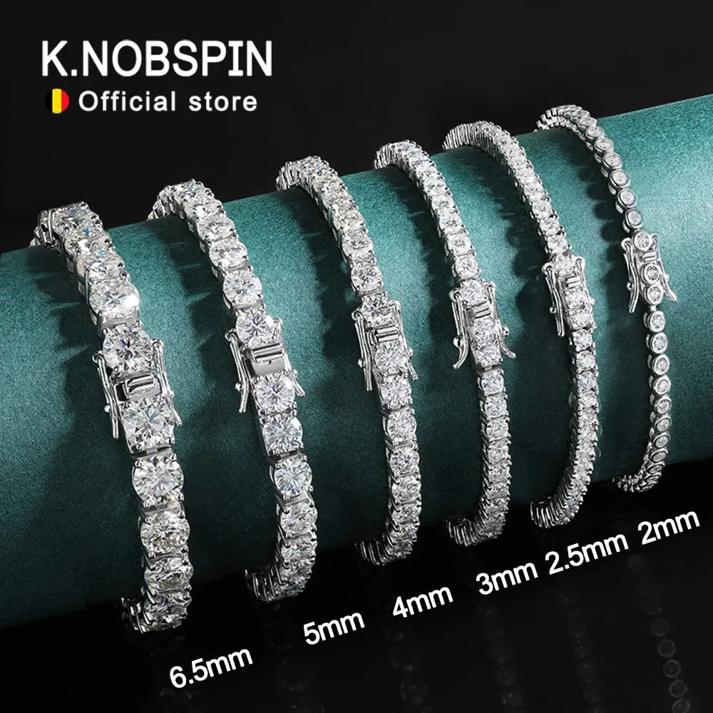 KNOBSPIN 2 мм муассанитовый теннисный браслет 925 пробы посеребренный браслет из белого золота для женщин и мужчин сверкающие украшения для вечеринок