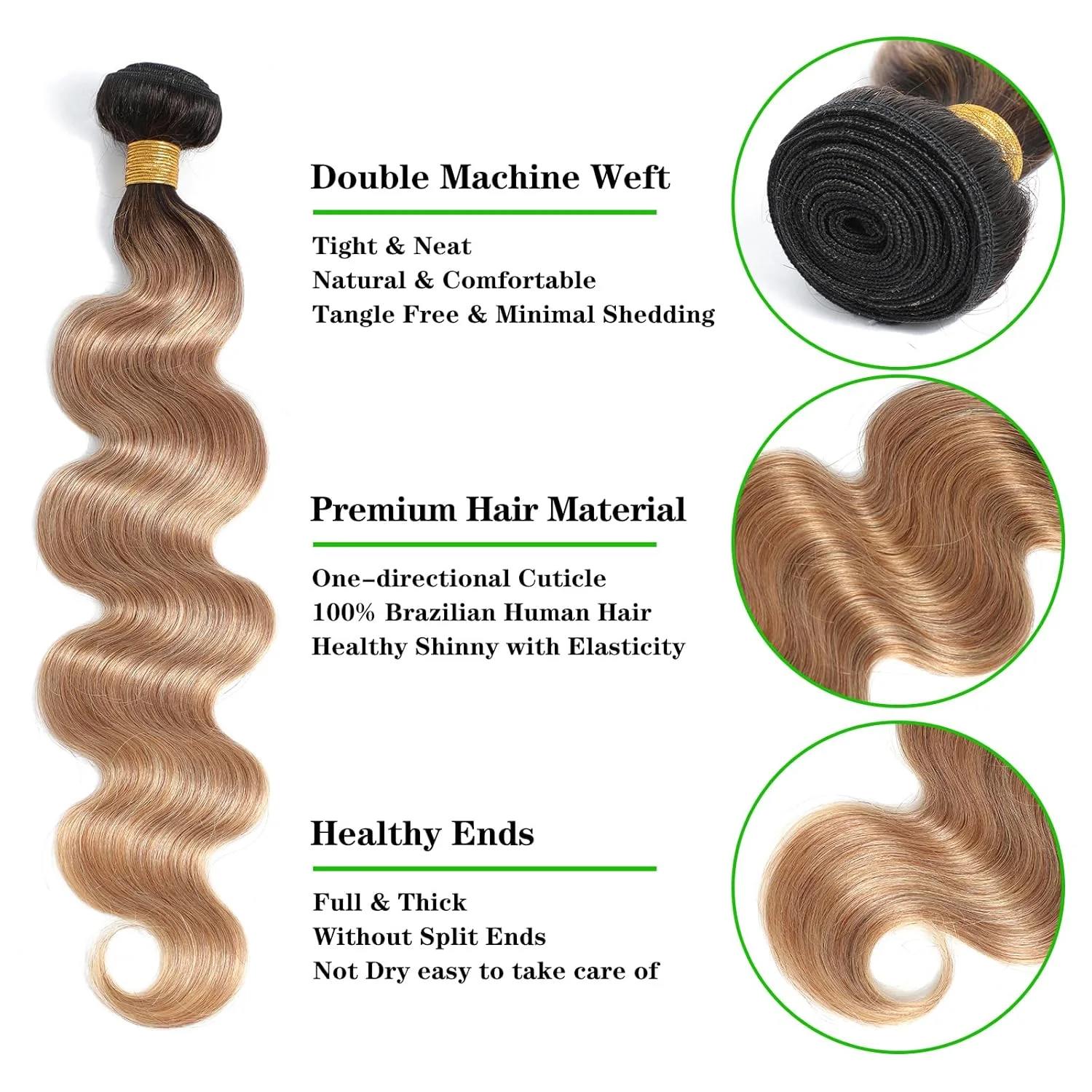 Rubio degradado onda del cuerpo 3 4 mechones de color brasileño Remy 100% cabello humano sin procesar ondulado doble dibujado mechones extensiones de tejido