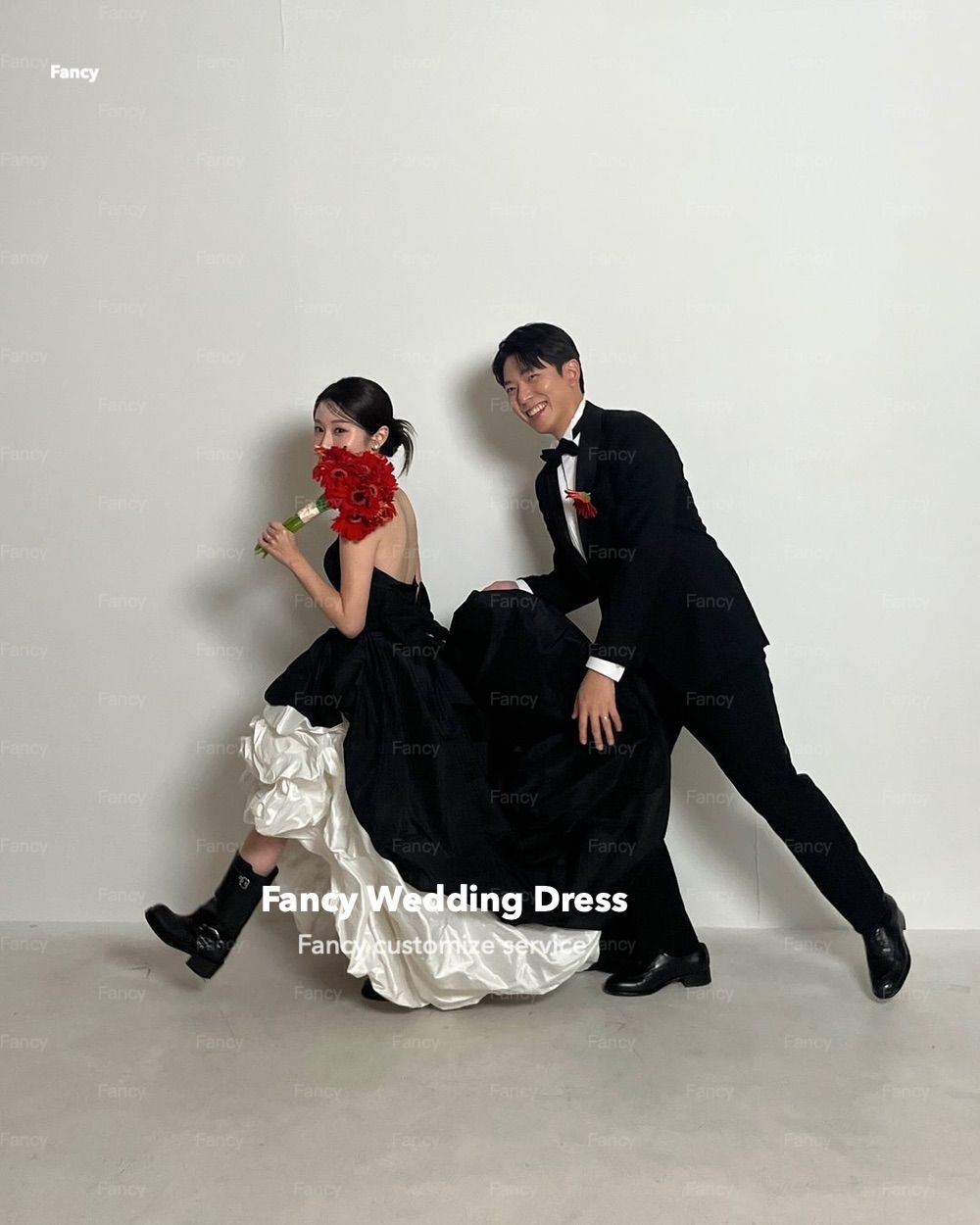 Fancy Korea Especially Strapless Wedding Dress White And Black Taffeta Evening Party Dress A Line Back Bow Customized