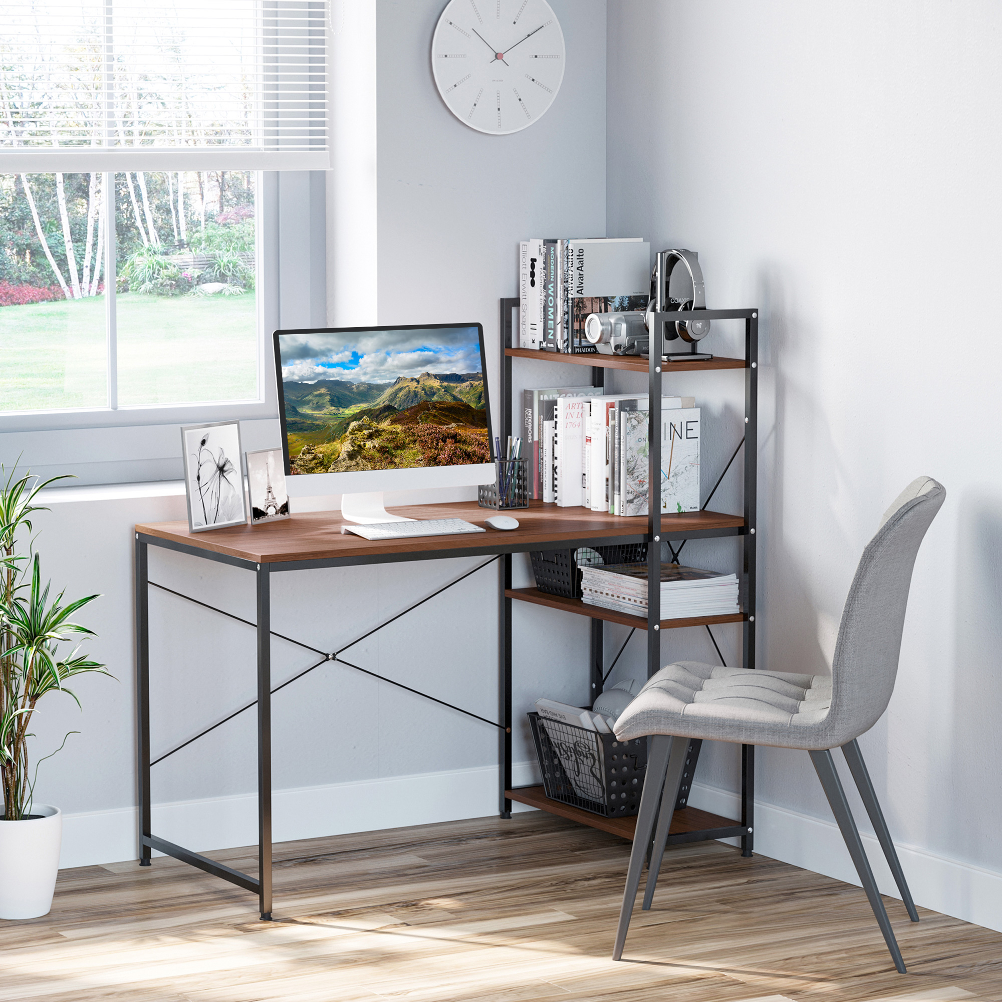 HOMCOM Computer Desk Laptop Table w/4-tier Bookshelf  Metal Frame Walnut, Black