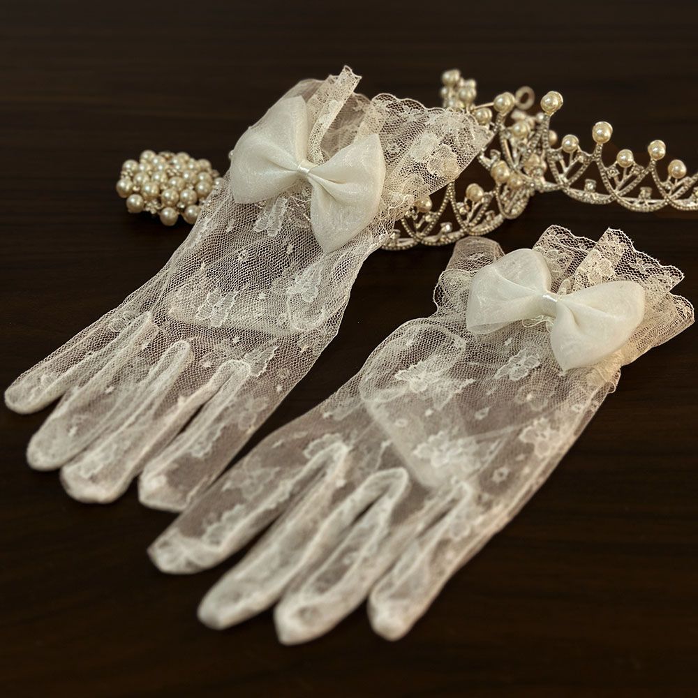 Bridal Dress Gloves Vintage Lace White Mesh Bow Knot Pearl Wedding Dress License Photo Gloves