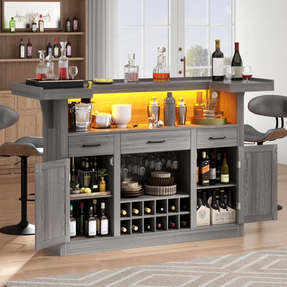 Bar Table Cabinet with LED & 3 Drawers,Liquor Bar with Adjustable Storage Shelves & Stemware Holders,Crescent Shaped Counter