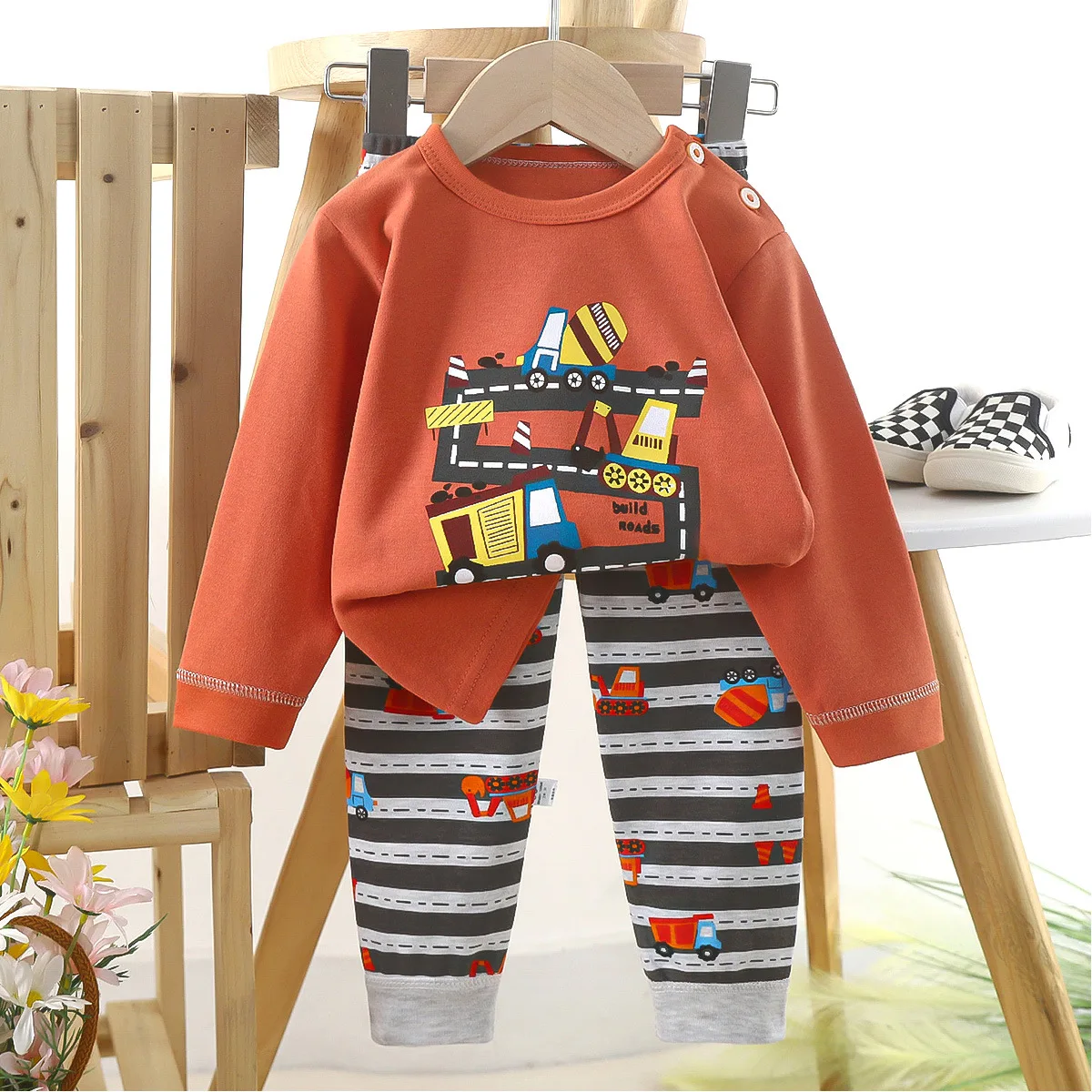 Pijamas de algodón cálidos informales para niños, camiseta de manga larga con bonito oso de dibujos animados, Tops y pantalones, conjuntos de ropa de dormir de otoño para bebés