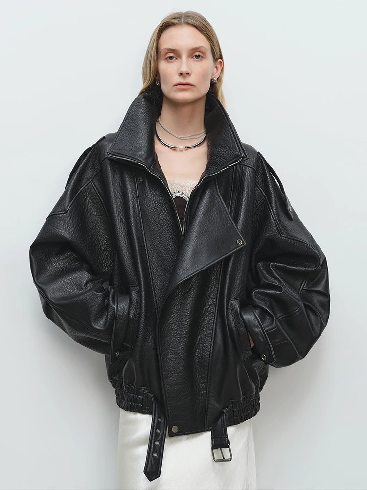 Übergroße Motorradjacke aus echtem Leder für Damen, hochwertiger, einfacher doppellagiger Stehkragen-Design-Blase-Mantel aus echtem Schaffell