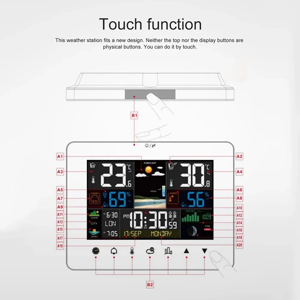 Multifunction Weather Station Alarm Clock Thermometer Hygrometer Touch Screen Wireless Sensor Sunrise Sunset Hygrothermograph