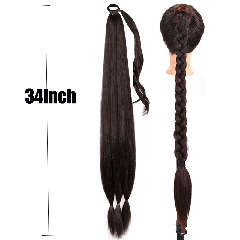 26/34 polegada sintético longo trançado rabo de cavalo extensões de cabelo sintético tranças de boxe envoltório em torno de chignon cauda com faixa de borracha
