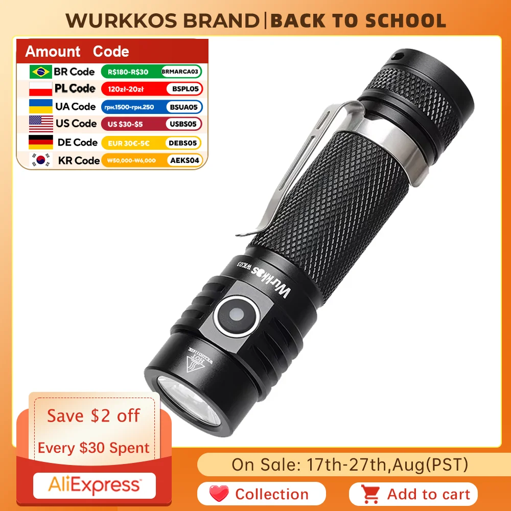 Wurkkos WK03 Ламсветильник светодиодсветодиодный водонепроницаемая, 18650 лм, с USB-портом